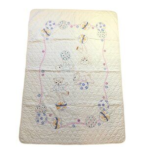 Handmade Vintage Baby Quilt Bears on Balls Crib Blanket Approx 42 X 57‎ in. FLAW